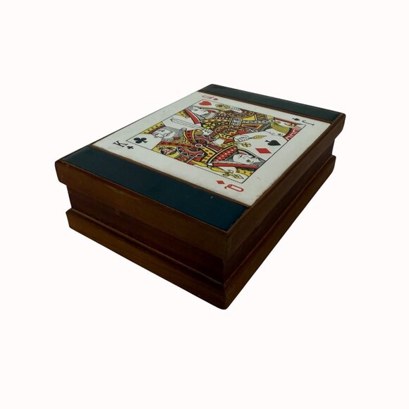 Wooden Playing Card Box Ceramic Tile King Queen Spades Vintage MCM Green Felt - Picture 13 of 16